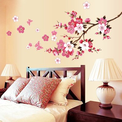 中國風水墨桃花墻壁貼畫臥室房間客廳沙發電視背景墻裝飾貼紙自粘~樂悅小鋪
