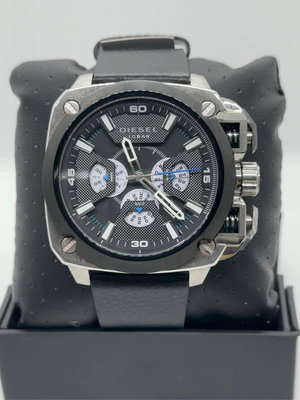 DIESEL Bamf 黑色面錶盤 黑色皮革錶帶 石英 三眼計時 男士手錶 DZ7345