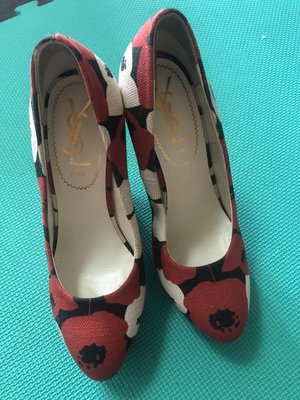 [[全新 私物自售 無附件 品牌真品]] YSL 女鞋 印花布面超厚底木跟楔型鞋