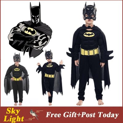 萬聖節 肌肉蝙蝠俠服裝黑色連身衣兒童男孩蝙蝠俠萬聖節服裝角色扮演套裝兒童緊身衣兒童衣服