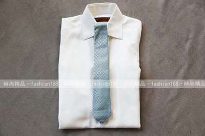 GUCCI 新款灰銀格紋水藍雙G窄版領帶