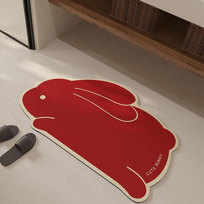 紅色喜慶兔子 浴室地墊 吸水速乾軟墊 可擦免洗 衛生間 門口墊 矽藻土軟墊