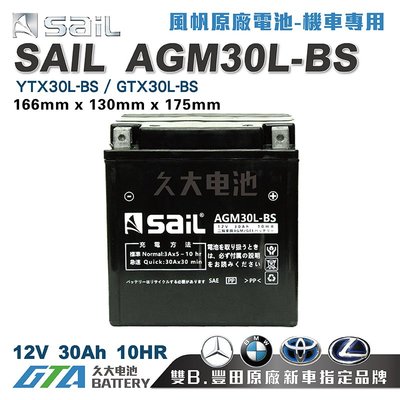 ✚久大電池❚ 風帆SAIL AGM30L-BS 機車電池 AGM-GEL 適用YTX30L-BS 重型機車電瓶