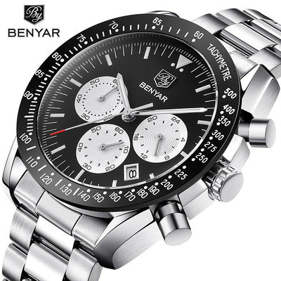 新款推薦百搭手錶 賓雅BENYAR跨境手錶男士多功能運動男錶鋼帶日歷手錶5120 促銷