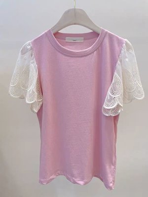 韓國➰甜美孔雀紋蕾絲荷葉袖圓領T恤