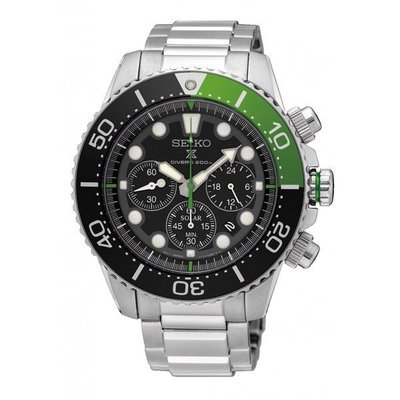 【金台鐘錶】SEIKO 精工光動能 DIVERS 三眼計時 鋼帶 200米 潛水錶  黑X綠  (SSC615P1)