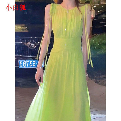 ♥❤❥小白狐❣❦❧【韓版】法式氣質顯瘦吊帶洋裝女2022夏季新款高級感別緻收腰綠色裙子潮
