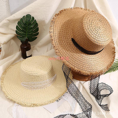 時尚蕾絲飄帶草帽女 夏季寬簷沙灘帽 平頂禮帽 戶外防晒遮陽帽