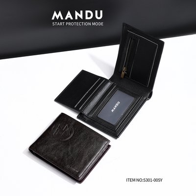 漫度MANDU休閑男士錢包防盜刷RFID多卡位短款PU防油皮壓印皮夾