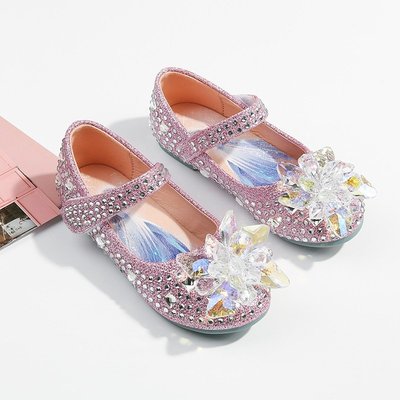 現貨熱銷-水晶玻璃花女童艾莎公主鞋2023春季新款兒童表演閃亮水鉆軟底單鞋滿仟免運