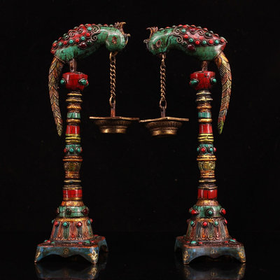 珍品舊藏藏西藏收老純銅西藏工藝彩繪鑲嵌寶石描金鳥吊油燈工藝精湛  款式精美重20005256