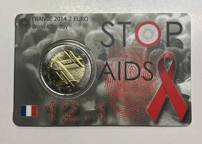 【二手】法國2014年 世界艾滋病日2歐元雙金屬紀念卡幣 銀幣 紀念幣 紀念鈔【破銅爛鐵】-1759
