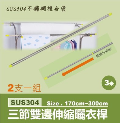 不鏽鋼三節雙邊伸縮曬衣桿2支,SUS304級複合材料.使用尺寸170cm~300cm.