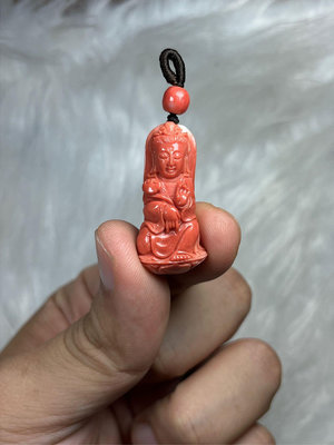 早期收藏老料有機寶石momo紅珊瑚雕刻藝術手持如意自在慈祥觀音吊墜墜子