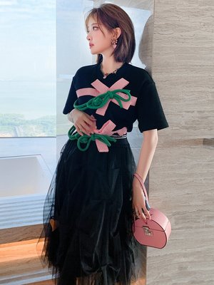 TANG KOREA小眾設計個性潮搭立體蝴蝶結系帶時尚T恤