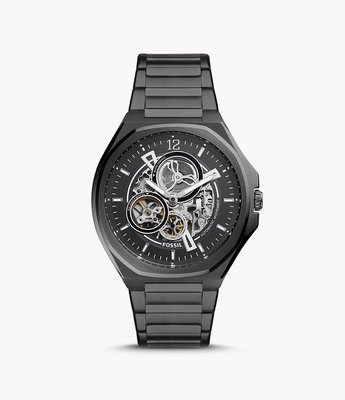 FOSSIL Evanston 鏤空錶盤 黑色不鏽鋼錶帶 男士 自動機械錶 BQ2621