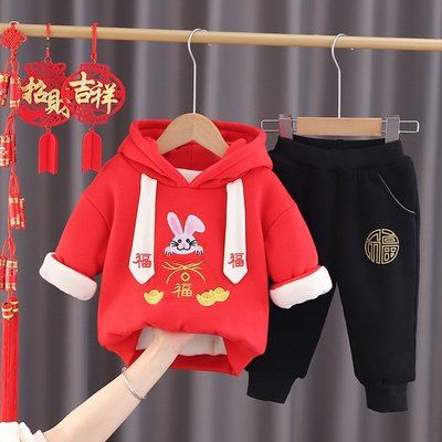 寶寶連帽拜年服80-120男女童週歲禮服冬款女寶嬰兒過年套裝冬裝兒童新年衣服