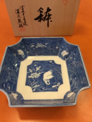 日本製 深川製磁(有田焼) 白鷺圖柄八角缽（大）（桐木盒裝）