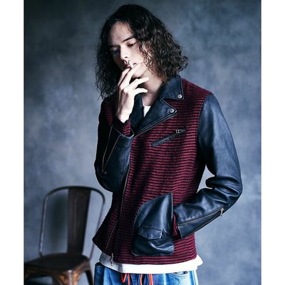 【TOP MAN】日本GLAMB 羊毛混纺+羊皮拼接個性斜拉鏈皮衣夾克外套 217092010