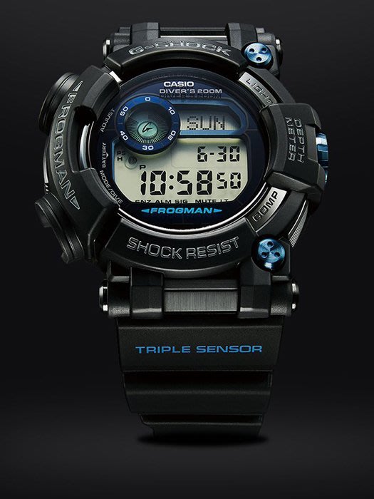 【金台鐘錶】CASIO卡西歐G-SHOCK 潛水用 電波錶 FROGMAN 蛙王 黑x藍GWF-D1000B-1