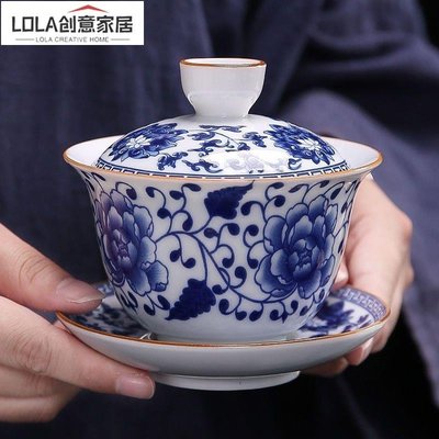 免運-蓋碗陶瓷功夫三才茶杯單個家用泡茶茶具大號白瓷八寶茶敬茶碗跨境