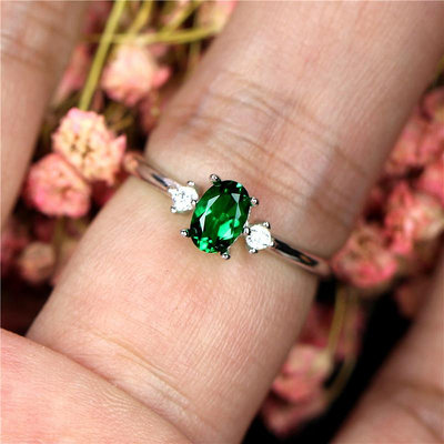 戒指小祖母綠戒指簡單ic女韓國飾品碧璽綠色寶石純銀鑲鑽活口