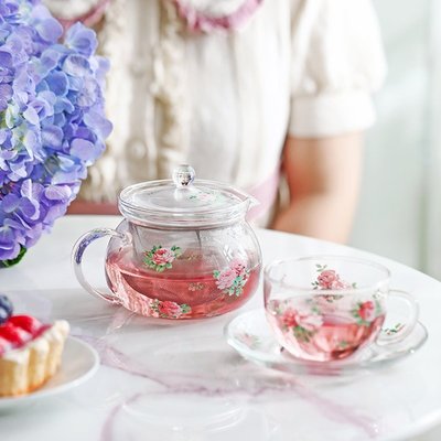 促銷打折 KOJI日本進口耐熱玻璃杯浪漫玫瑰花茶杯碟水果茶壺下午茶茶具套裝