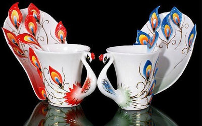 歐式陶瓷咖啡紅茶杯法蘭瓷釉琺瑯瓷骨瓷杯水杯孔雀杯勺碟三件套裝