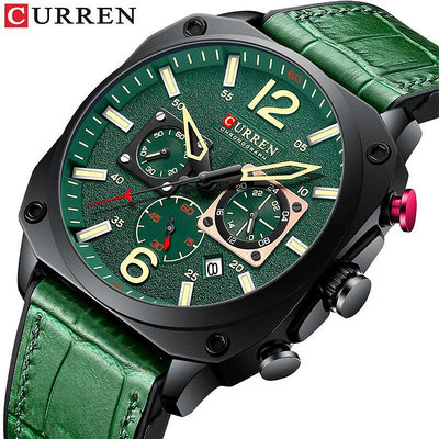 CURREN卡瑞恩8398男士皮帶休閒手錶綠表小三針計時日曆創意腕錶