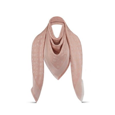 正品Louis Vuitton LV Denim Monogram 經典花紋羊毛絲綢披肩 圍巾 淺粉紅 M72046