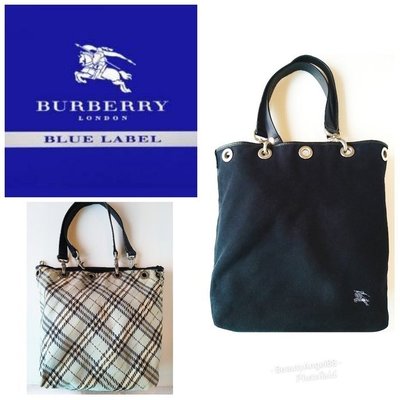 巴寶莉 Burberry藍標 正反2用包 英倫經典格紋黑色真皮+帆布側肩背皮包 方包 特價☆新428 一元起標↘