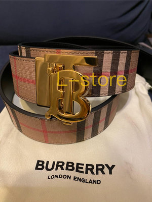 L-store 全新現貨 經典款 BURBERRY 格紋 TB金色 LOGO 黑色素面 雙面皮帶 可正式 休閒 寬3.5CM