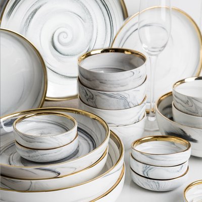 現貨熱銷-歐式金邊大理石陶瓷餐具碗碟套裝 家用套碗盤子禮盒裝#歐式 #簡約 #便捷生活