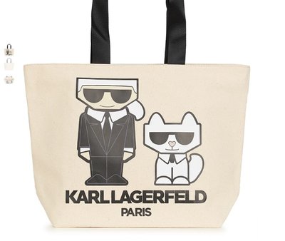 KARL LAGERFELD 卡爾+貓款招牌大款卡其色帆布TOTE包
