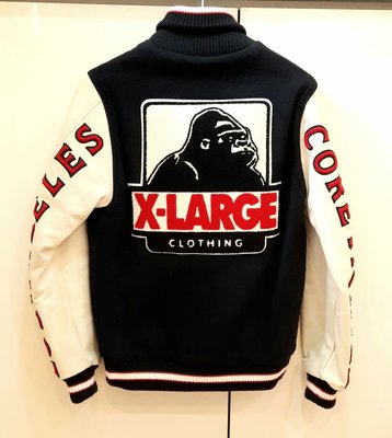 日本潮牌 X-LARGE 黑色真皮袖羊毛棒球外套 S號