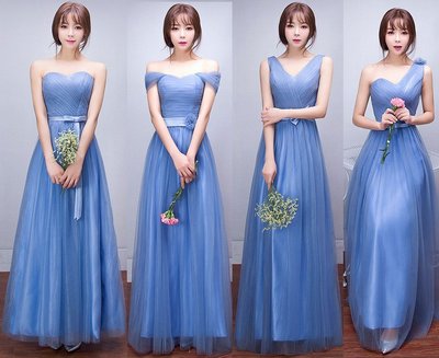 ?美晶聚禮服?韓版蕾絲網紗伴娘禮服長款藍色伴娘服年會演出服