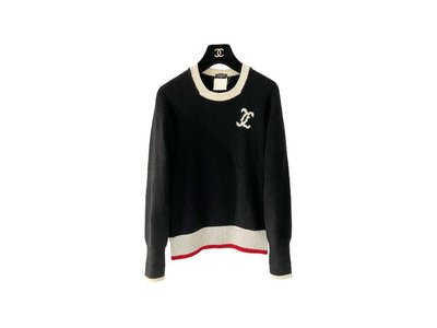 My Closet 二手名牌 CHANEL Vintage1996 黑色Cashmere鑲白色邊 雙C Logo  毛衣