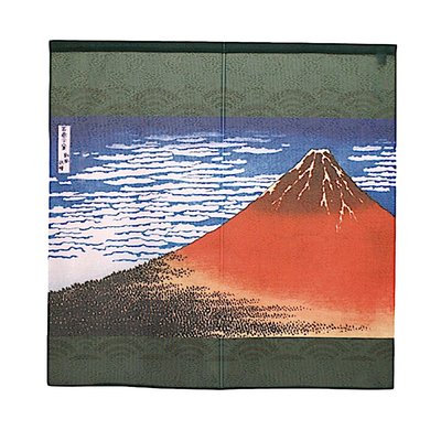 Vintage+。復古家。日本製葛飾北齋凱風快晴系列。紅富士山綠底穿桿式短簾門簾(整片式/85*90cm)(特價)