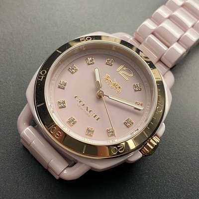 COACH蔻馳女錶,編號CH00002,34mm金色圓形陶瓷錶殼,粉紅色簡約, 水鑽圈錶面,粉紅陶瓷錶帶款