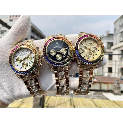二手全新Rolex大錶盤帶鑽鋼帶手錶 男錶 石英錶 防水手錶 復古色手錶 帶日曆錶盤 三眼六針男士腕錶