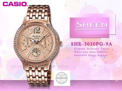 CASIO 卡西歐 手錶專賣店 SHE-3030PG-9A 女錶 指針錶 不鏽鋼錶帶 玫瑰金 三眼 防水 星期 日期