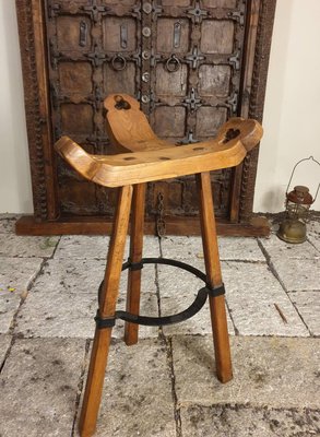 【卡卡頌  歐洲古董】西班牙老件~手工  老橡木雕刻  高腳椅   吧台椅 ch0441 ✬