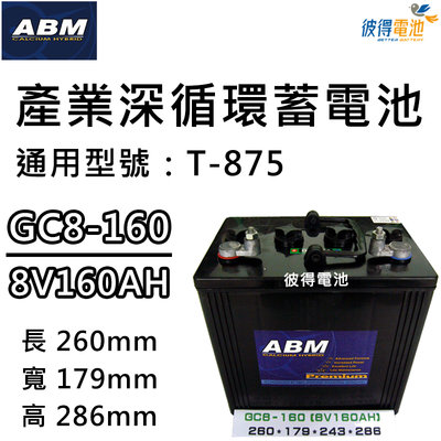 ABM GC8-160 8V160AH產業深循環電池 通用飛馬Trojan T-875 T-890 T-895高爾夫球車