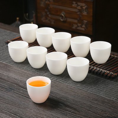 羊脂玉茶杯10個裝家用陶瓷待客喝茶6只白瓷功夫小茶杯品茗杯