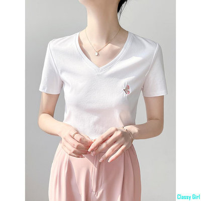 Classy Girl【卡西西】 白色 短袖 t恤 女 夏季 修身 顯瘦 絲光棉 體恤 設計感小眾 刺繡 上衣