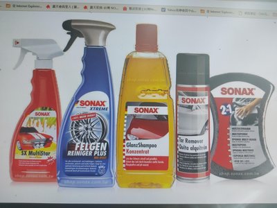 【car 車百】 Sonax 洗車必備組合5入 萬用清潔劑+極致鋼圈精+柏油去除劑 +光滑洗車精+雙效洗車海綿