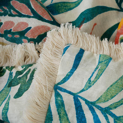 W5PQ歐美式亞麻蓋毯薄款印花雙層棉麻料空調被單雙人午睡毯沙發毯