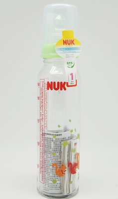 【NUK】玻璃印花奶瓶一般口徑230ml(附矽膠奶嘴1號.中圓洞)『CUTE嬰用品館』