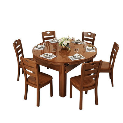 全实木餐桌椅组合伸缩折叠桌圆形饭桌10人小户型家用可变圆餐桌子