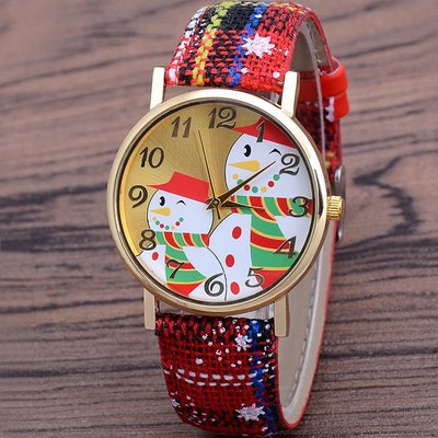 供應新款熱銷面圣誕雪人女式手錶 休閑亮色皮錶帶石英錶批發